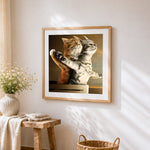 Two cats hugging in sunlight paint by numbers artwork displayed on wall as home decor