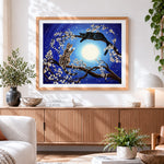 Finished two cats in a blossom tree cross stitch artwork displayed