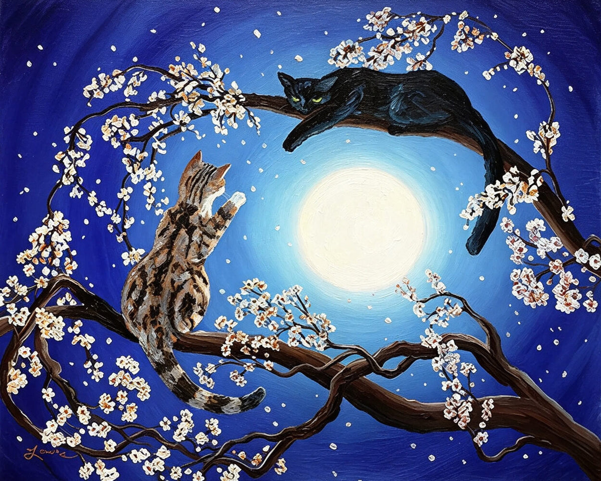 Two cats in a blossom tree cross stitch kit for beginners