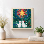 Finished two cats in santa hats artwork displayed on a wall