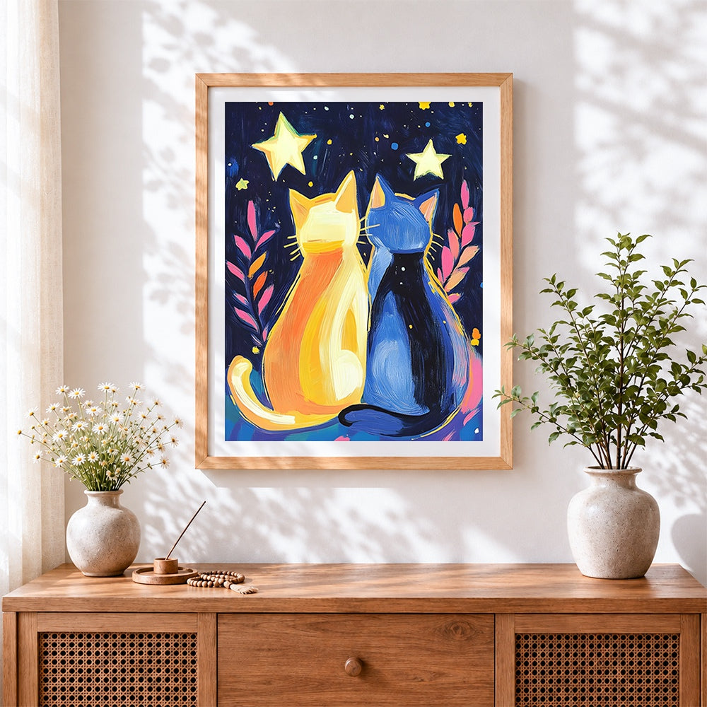 Finished two cats under the stars cross stitch artwork displayed