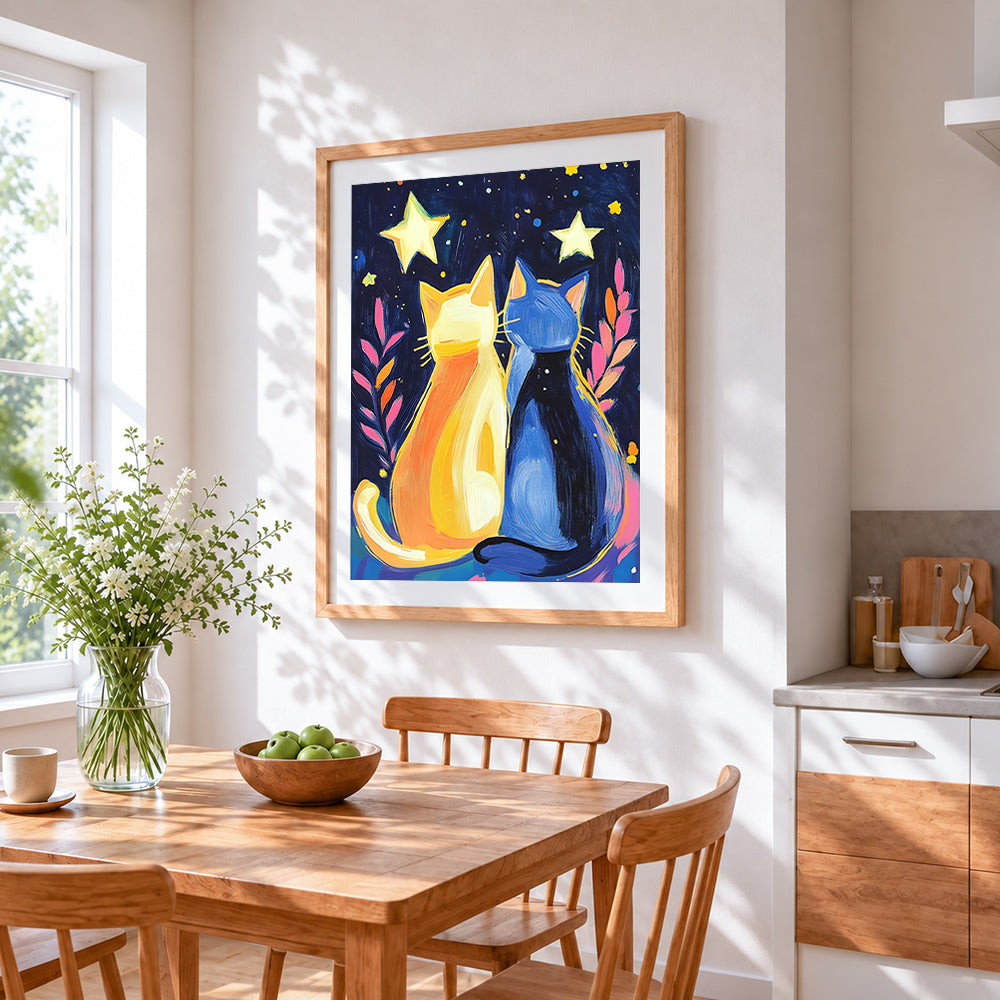 Two cats under the stars cross stitch artwork displayed on wall as home decor