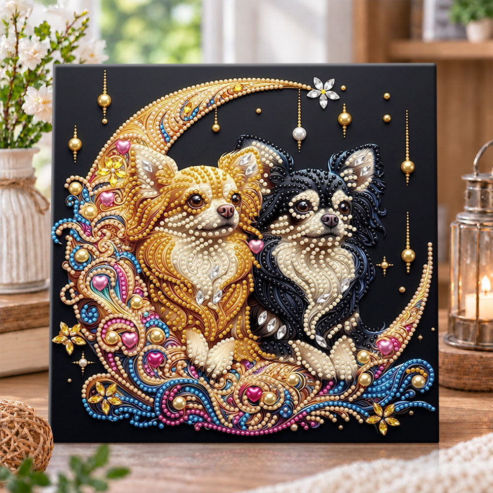 Two chihuahuas on crescent moon pearl diamond painting kit for beginners