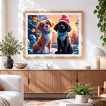 Finished two christmas puppies cross stitch artwork displayed