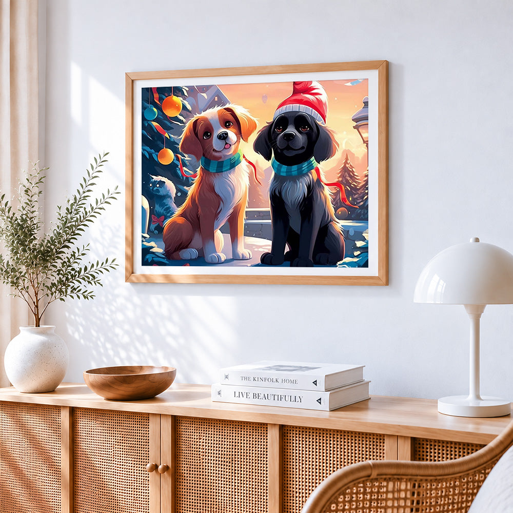 Two christmas puppies cross stitch artwork displayed on wall as home decor