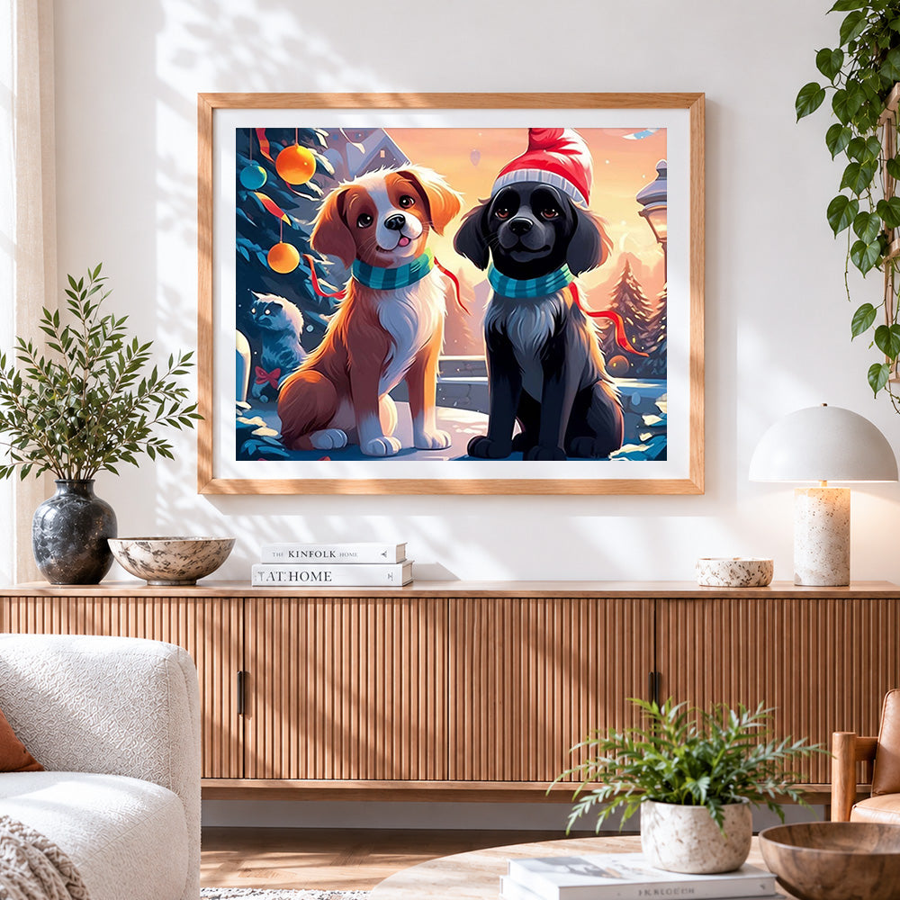 Finished two christmas puppies paint by numbers artwork displayed as home decor