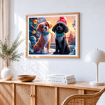 Two christmas puppies paint by numbers artwork displayed on wall as home decor