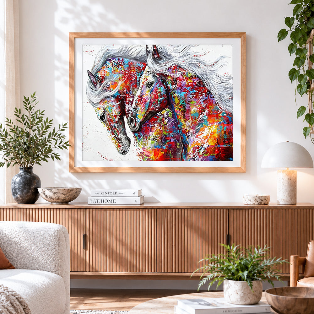 Finished two colourful abstract horses cross stitch artwork displayed