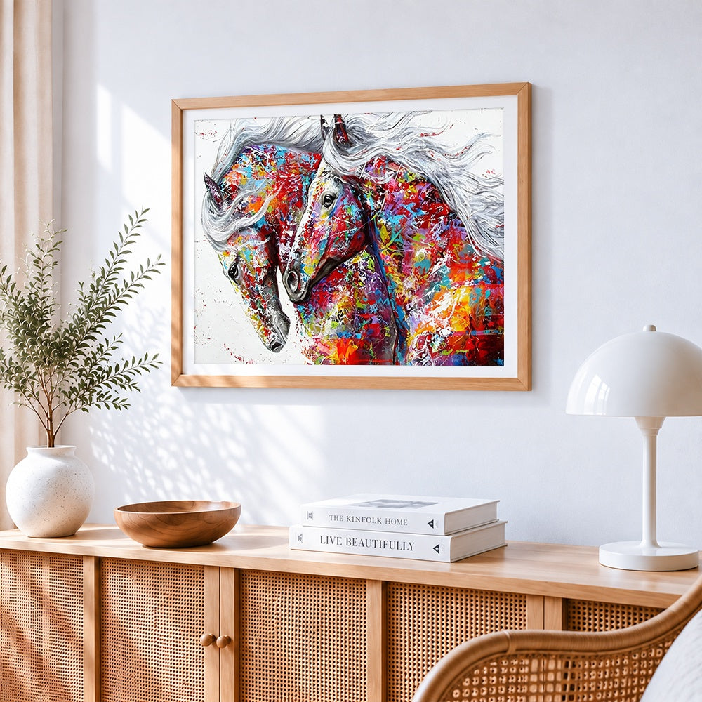 Two colourful abstract horses cross stitch artwork displayed on wall as home decor