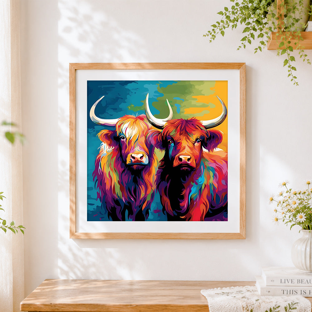 Finished two colourful highland cows cross stitch artwork displayed