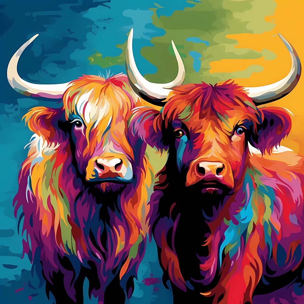 Two colourful highland cows cross stitch kit for beginners
