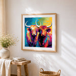 Two colourful highland cows cross stitch artwork displayed on wall as home decor