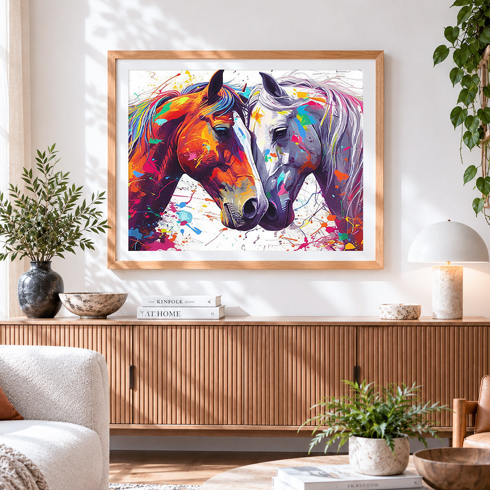 Finished two colourful horses in love cross stitch artwork displayed