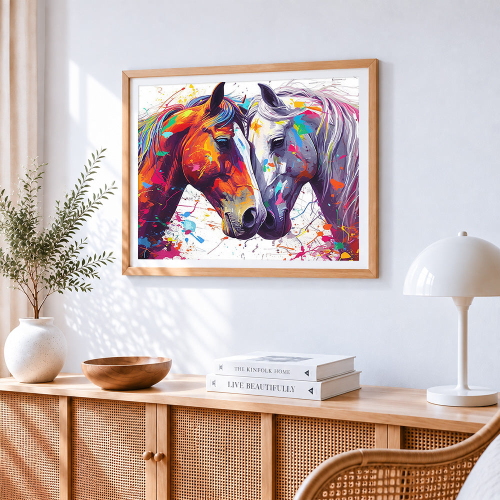 Two colourful horses in love cross stitch artwork displayed on wall as home decor