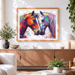 Finished two colourful horses in love paint by numbers artwork displayed as home decor