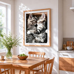 Two cuddling tabby kittens cross stitch artwork displayed on wall as home decor
