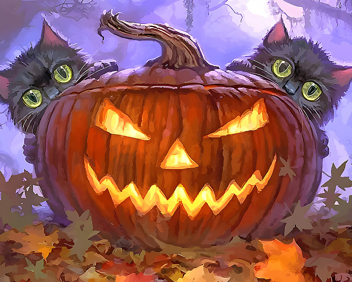 Two cute black cats hiding behind a jack o lantern cross stitch kit for beginners