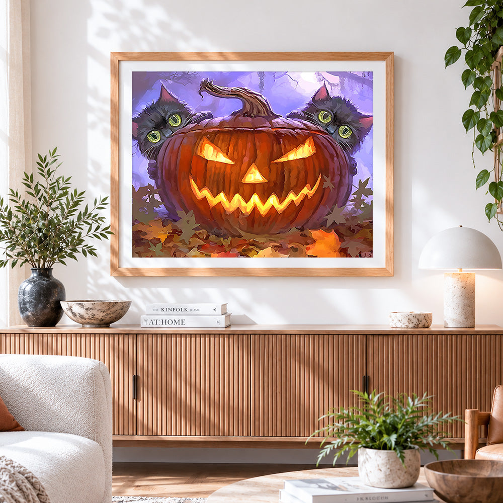 Finished two cute black cats hiding behind a jacko lantern paint by numbers artwork displayed as home decor