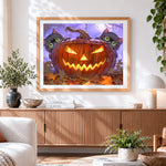 Finished two cute black cats hiding behind a jacko lantern paint by numbers artwork displayed as home decor