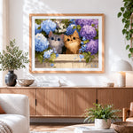 Finished two cute kittens in blue hydrangeas paint by numbers artwork displayed as home decor
