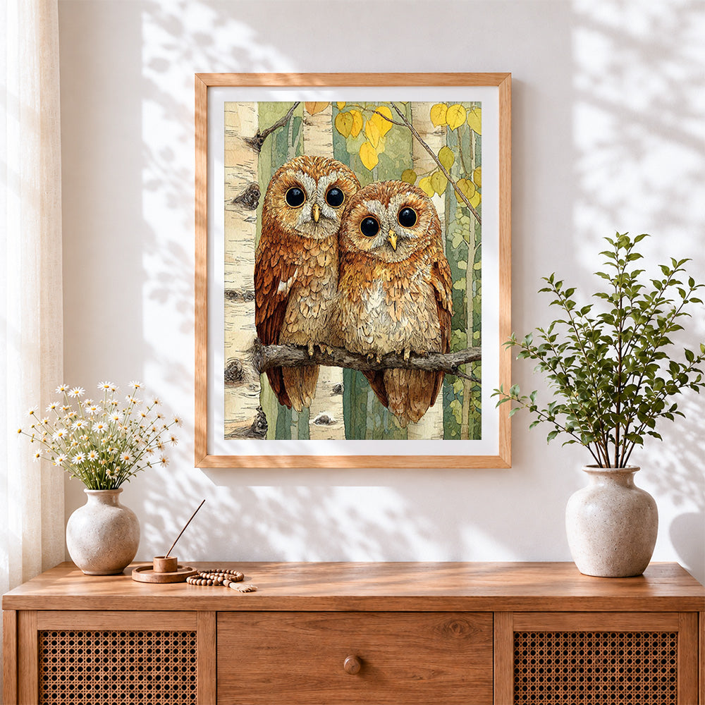 Finished two cute owls on birch branch cross stitch artwork displayed