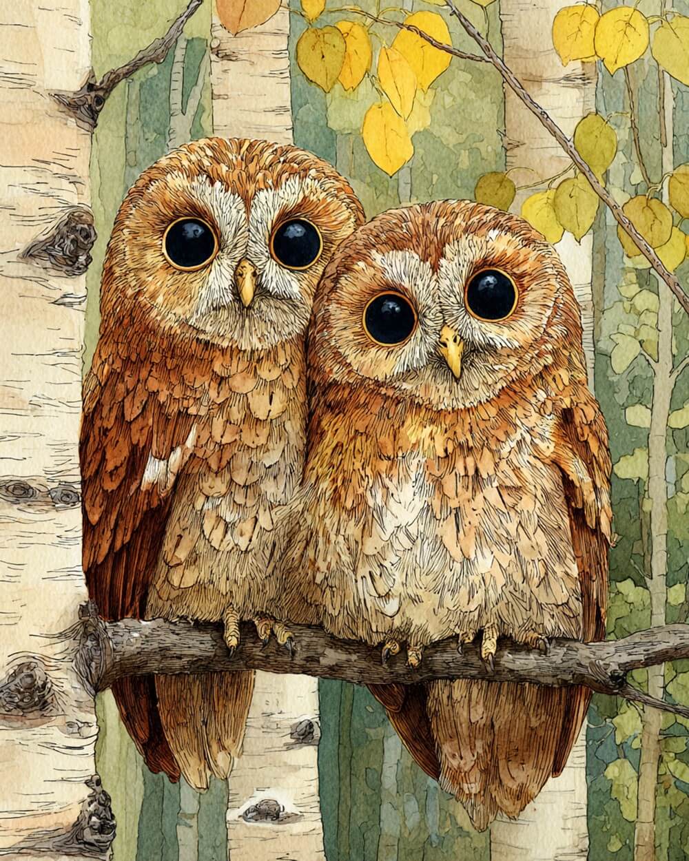 Two cute owls on birch branch cross stitch kit for beginners