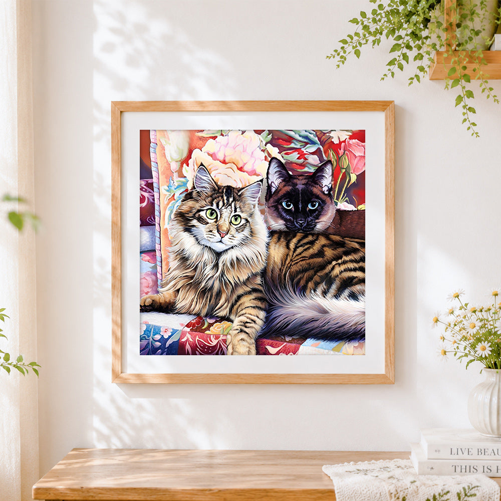 Finished two fluffy cats portrait cross stitch artwork displayed
