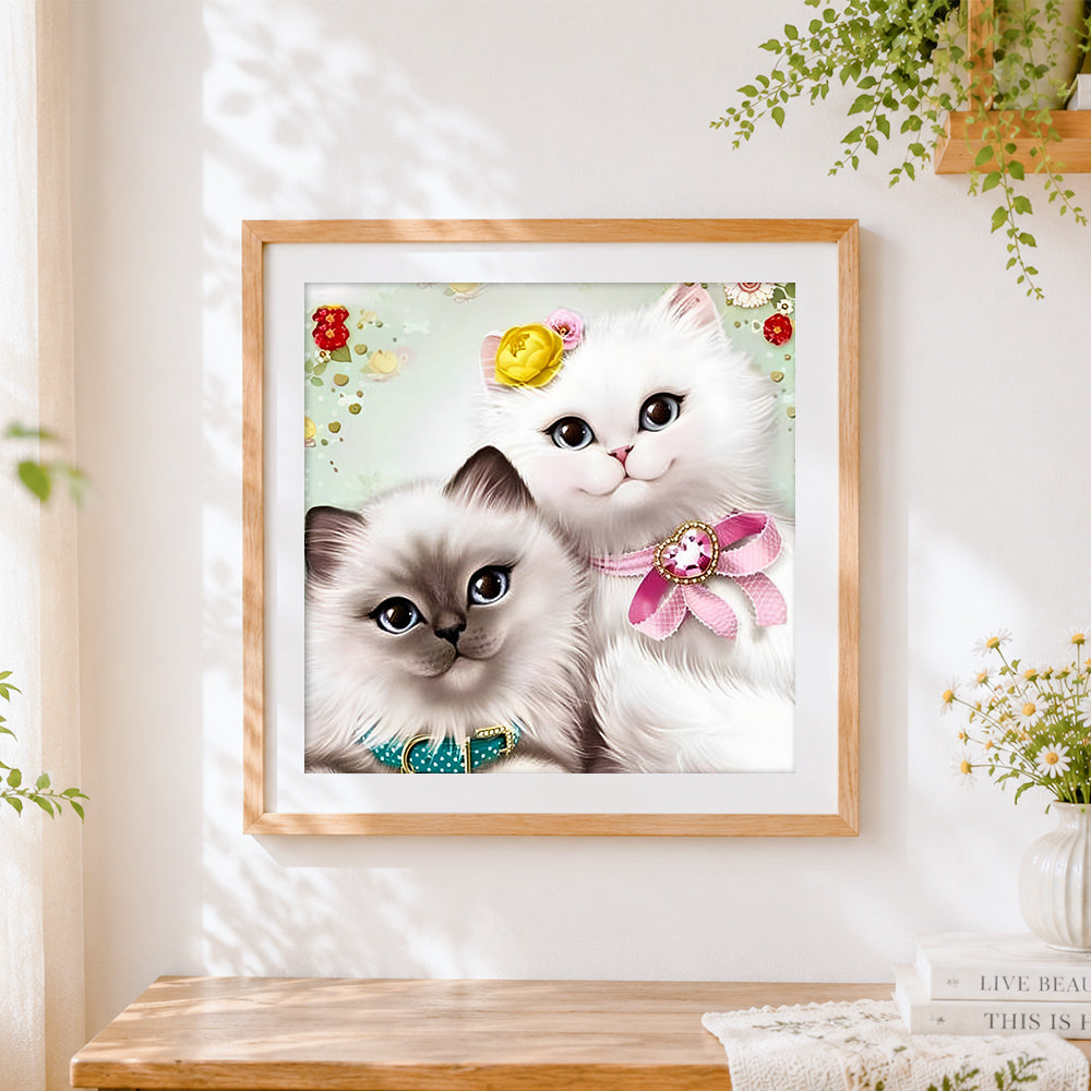 Finished two fluffy kittens portrait cross stitch artwork displayed