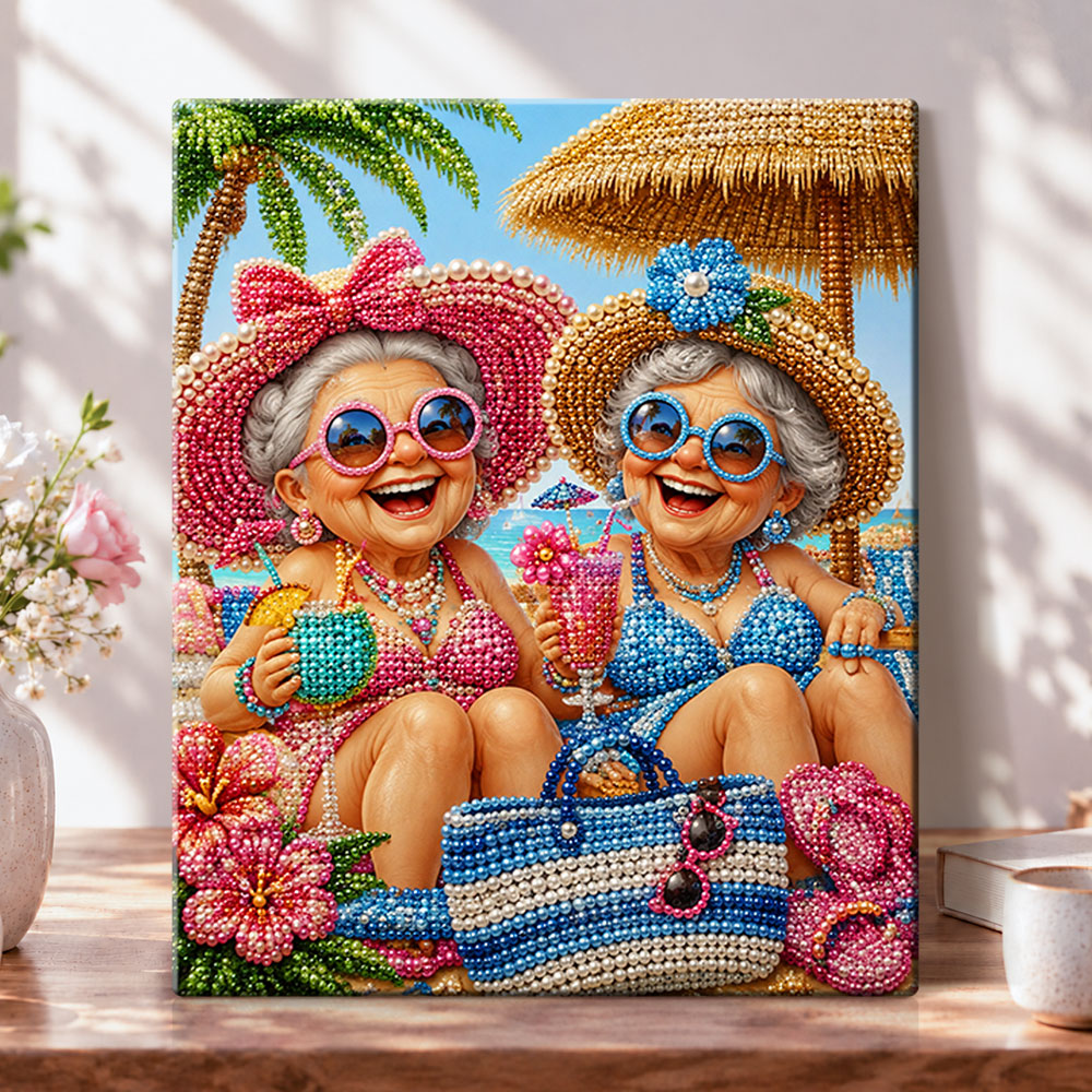 Two fun grandmas on beach pearl diamond painting kit for beginners