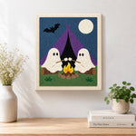 Finished two ghosts camping artwork displayed on a wall
