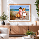 Finished two girls at the seaside paint by numbers artwork displayed as home decor