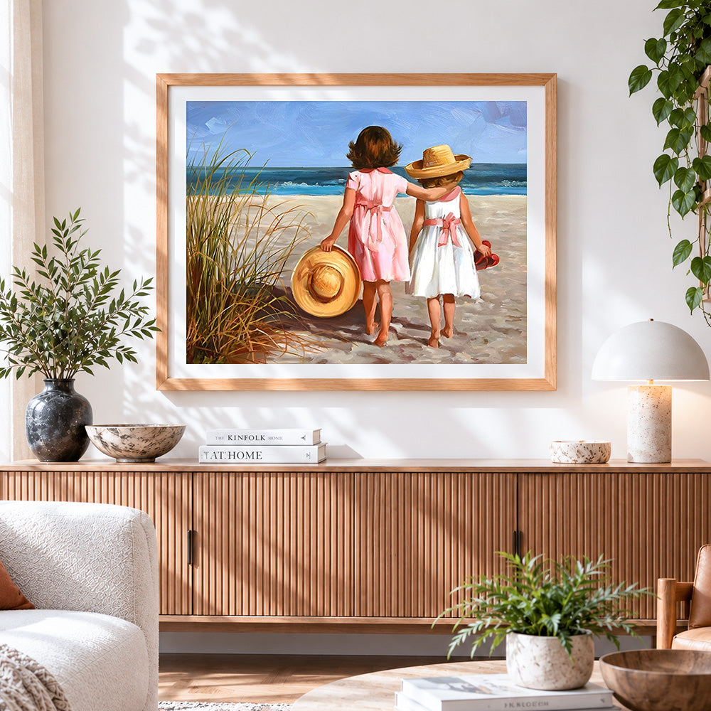 Finished two girls at the seaside paint by numbers artwork displayed as home decor
