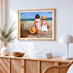 Two girls at the seaside paint by numbers artwork displayed on wall as home decor