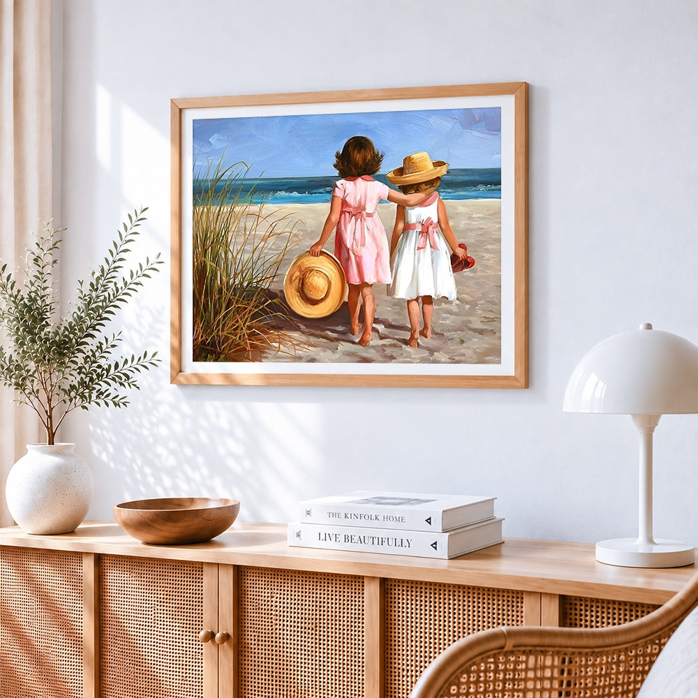 Two girls at the seaside paint by numbers artwork displayed on wall as home decor