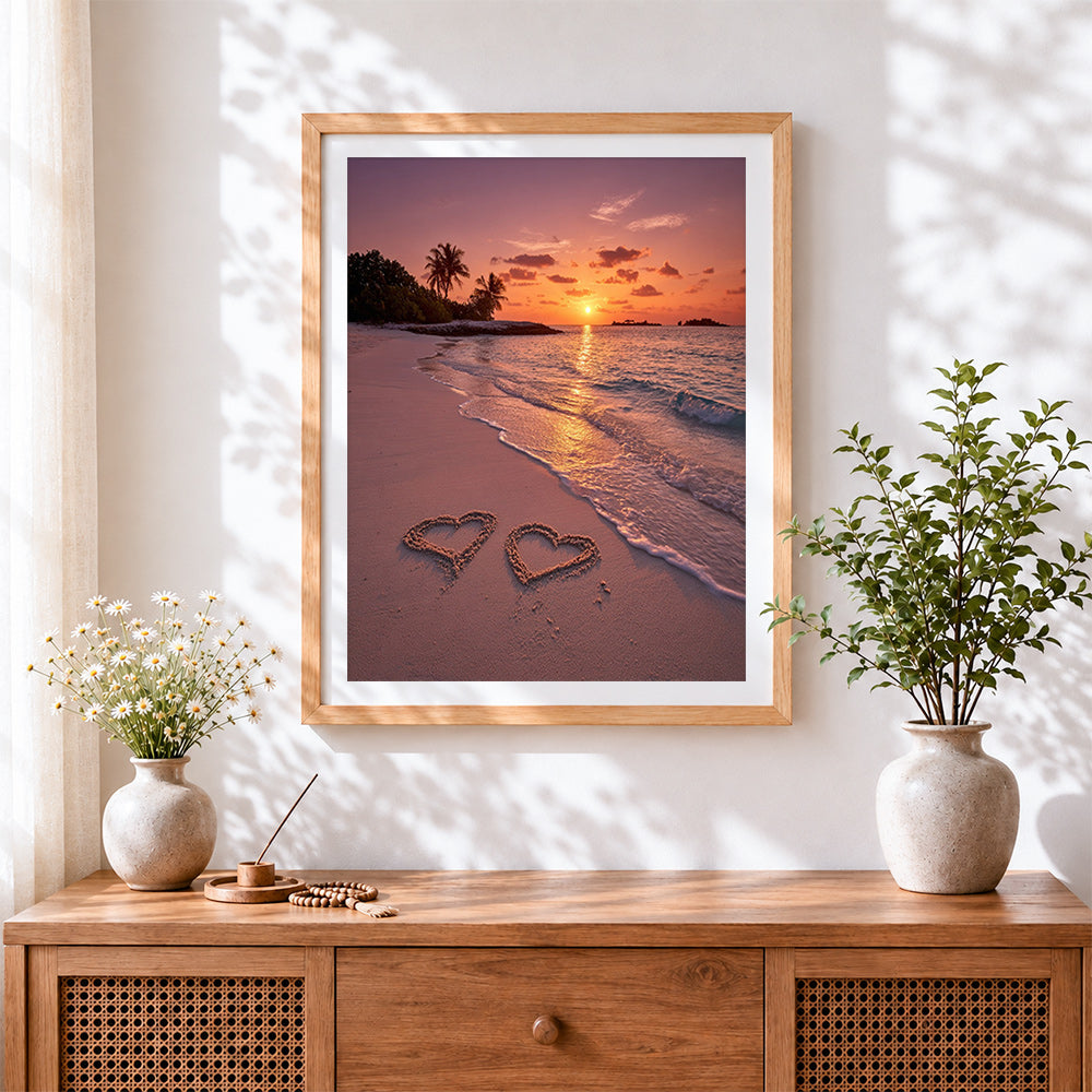 Finished two hearts in the sand at sunset cross stitch artwork displayed
