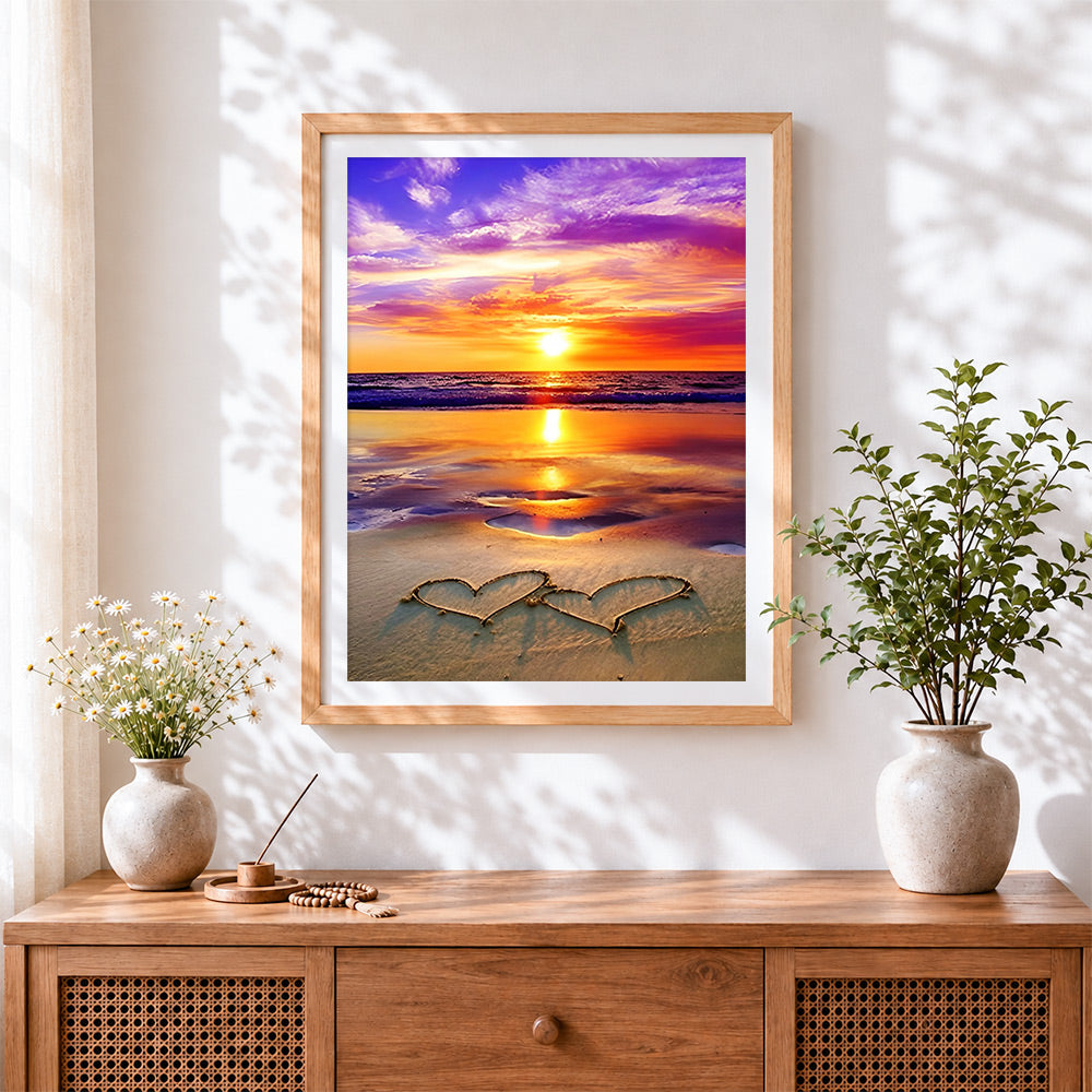 Finished two hearts on the beach cross stitch artwork displayed