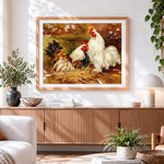 Finished two hens on a straw nest cross stitch artwork displayed
