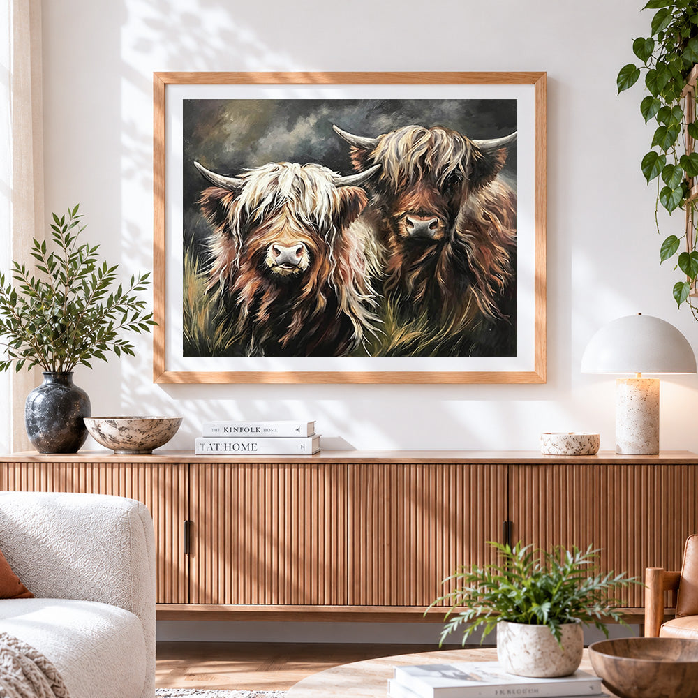 Finished two highland cows cross stitch artwork displayed