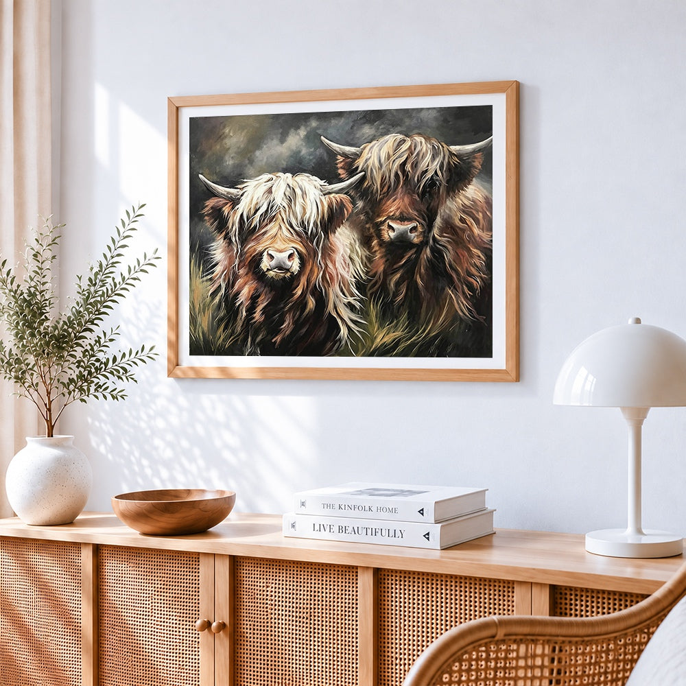 Two highland cows cross stitch artwork displayed on wall as home decor