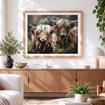 Finished two highland cows paint by numbers artwork displayed as home decor