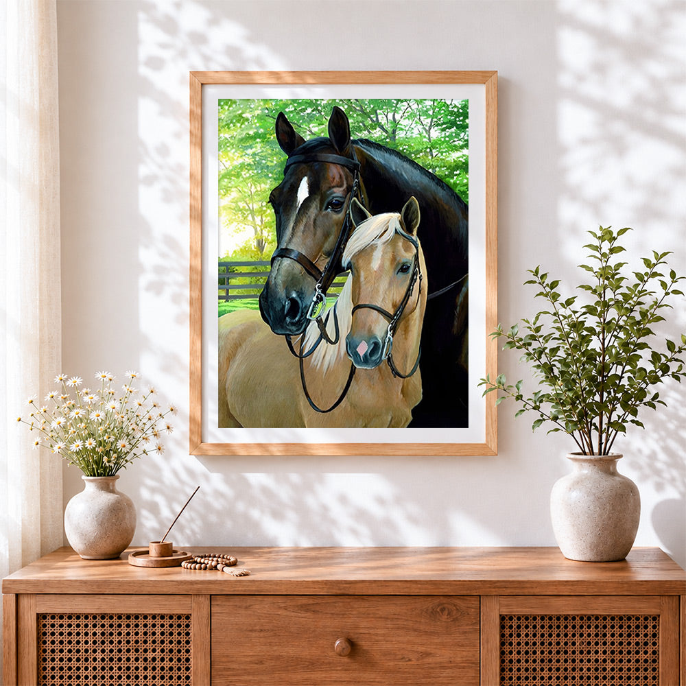 Finished two horses in bridles paint by numbers artwork displayed as home decor