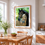 Two horses in bridles paint by numbers artwork displayed on wall as home decor