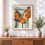Finished two horses in stable cross stitch artwork displayed
