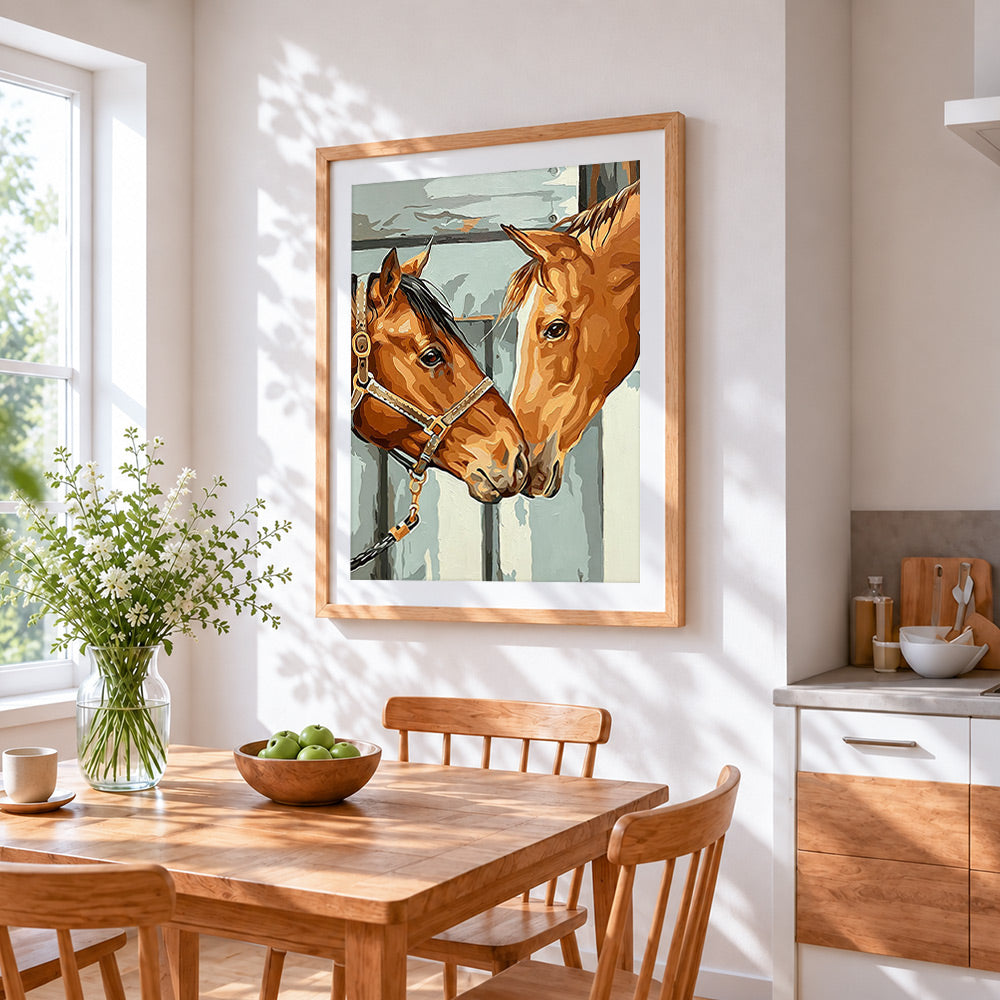 Two horses in stable cross stitch artwork displayed on wall as home decor