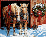 Two horses in the snow with christmas wreath cross stitch kit for beginners