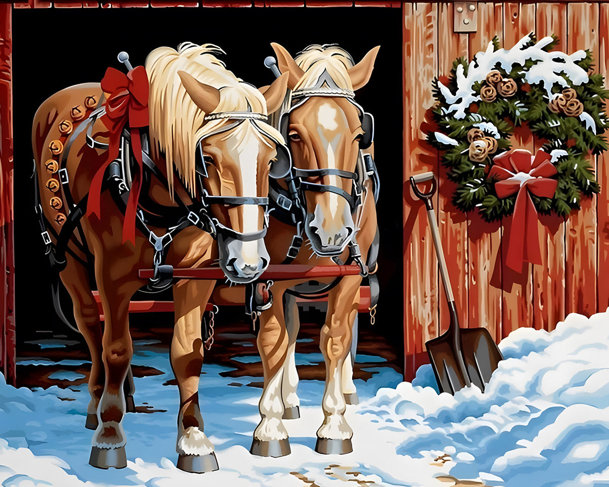 Two horses in the snow with christmas wreath cross stitch kit for beginners