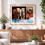 Finished two horses in the snow with christmas wreath paint by numbers artwork displayed as home decor