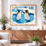 Finished two king penguins in the water paint by numbers artwork displayed as home decor