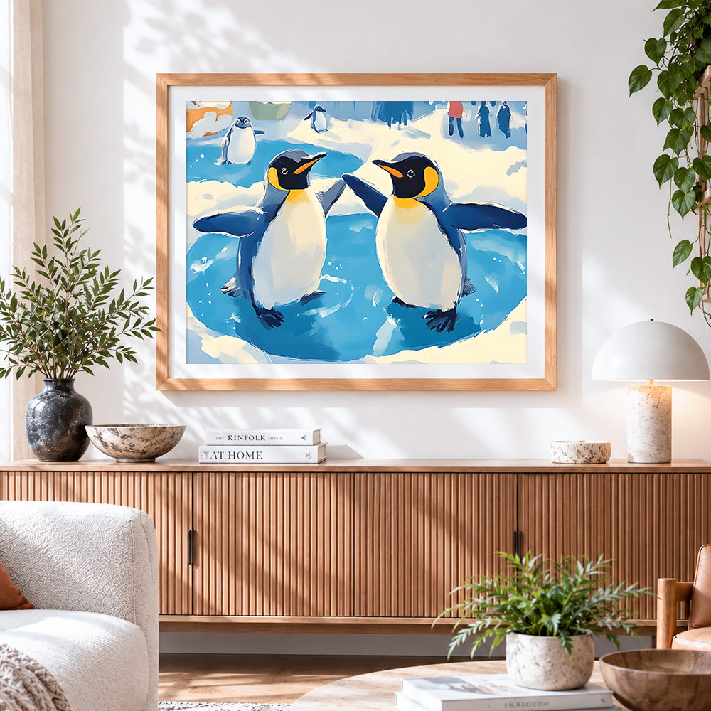 Finished two king penguins in the water paint by numbers artwork displayed as home decor