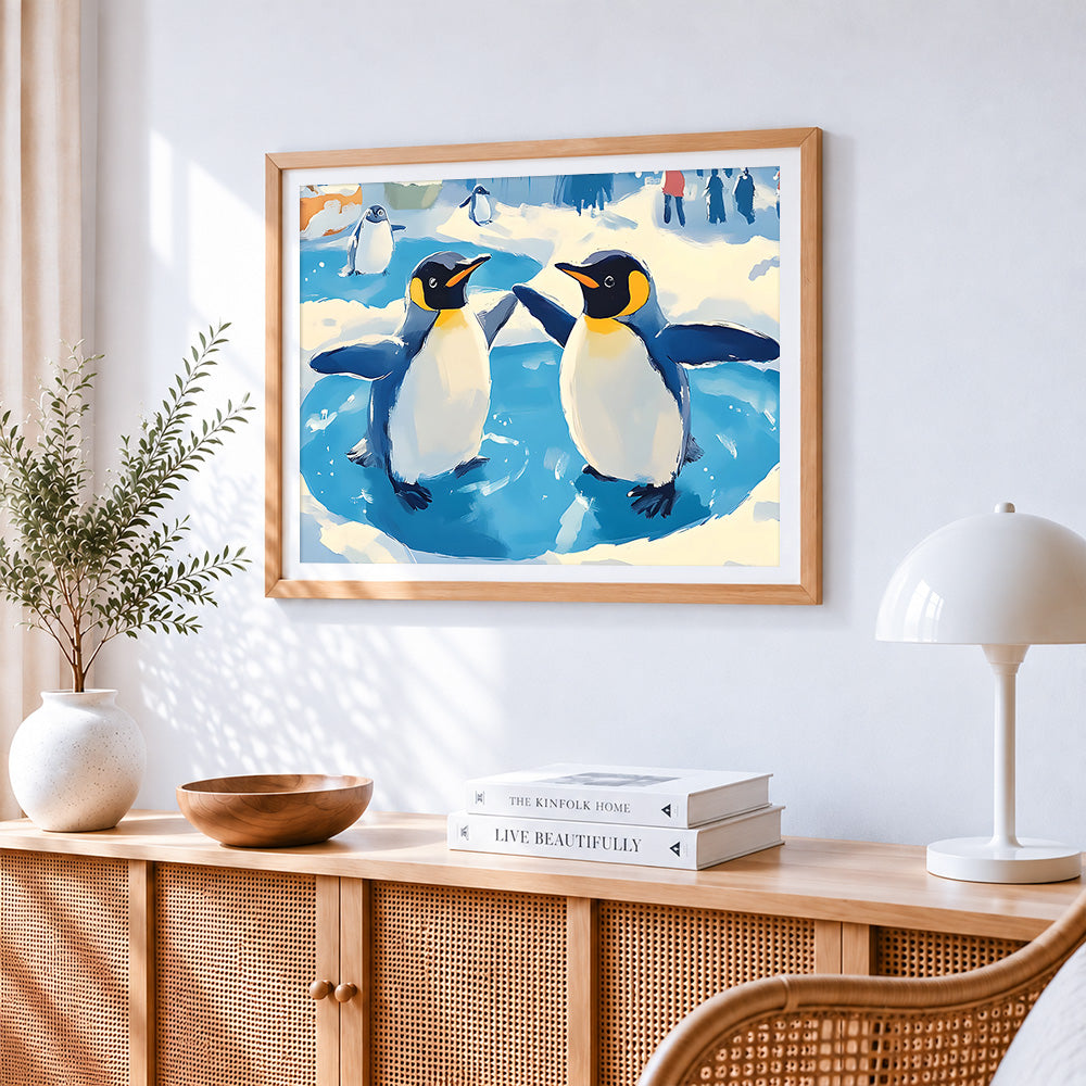 Two king penguins in the water paint by numbers artwork displayed on wall as home decor